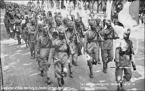 French postcard depicting the arrival of the 15th Sikh Regiment in France during World War I