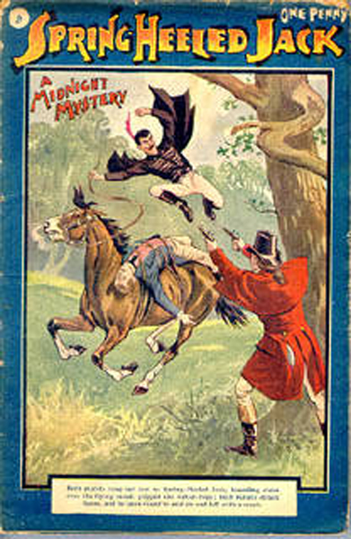 Spring-heeled Jack illustrated on the cover of the 1904 serial Spring-heeled Jack.