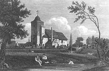 On 26 June 1814, Mary Godwin declared her love for Percy Shelley at Mary Wollstonecraft's graveside in the cemetery of St Pancras Old Church (shown here in 1815).