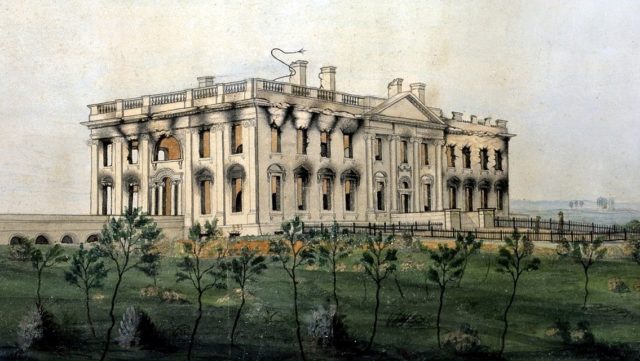 The White House ruins after the conflagration of August 24, 1814. Watercolor by George Munger, displayed at the White House