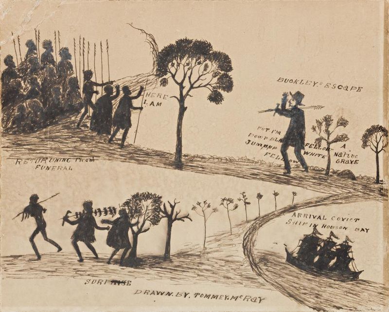 Buckley's transportation and escape as depicted by 19th century Aboriginal artist Tommy McRae
