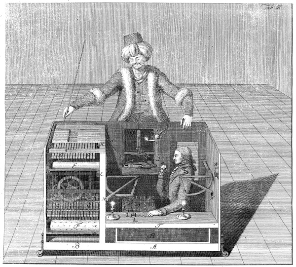 A cross-section of the Turk from Racknitz, showing how he thought the director sat inside as he played his opponent. Racknitz was wrong both about the position of the director and the dimensions of the automaton.