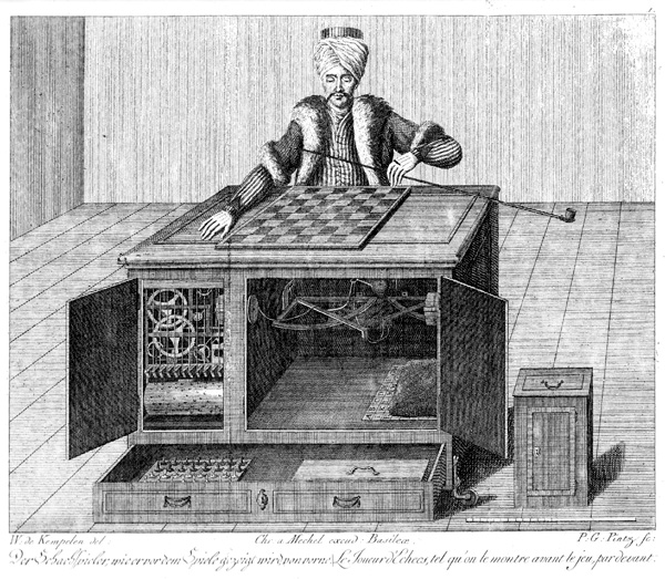 A copper engraving of the Turk, showing the open cabinets and working parts. A ruler at bottom right provides scale. Kempelen was a skilled engraver and may have produced this image himself.