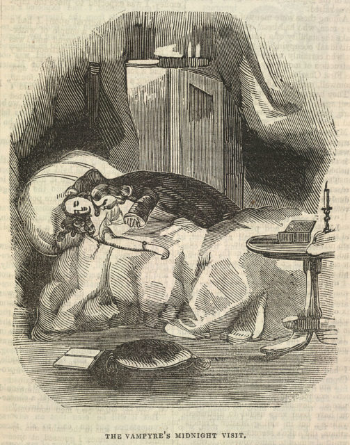 The vampire is active at night and bites most often the victims in their sleep (Varney the Vampire, engraving, 1847)