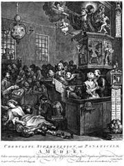 Hogarth's Credulity, Superstition, and Fanaticism, published in 1762, ridiculed secular and religious credulity