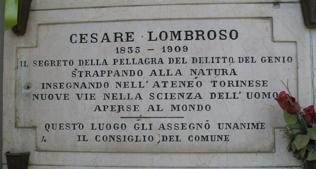 Tombstone of Lombroso at the Turin Monumental Cemetery. Photo credit