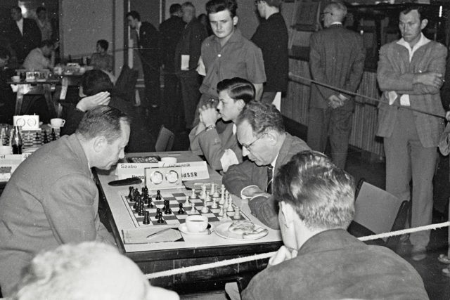 Szabo vs. Botvinnik (right) at the Oberhausen 1961, scoring a 6/9 for the gold medal. Photo Credit