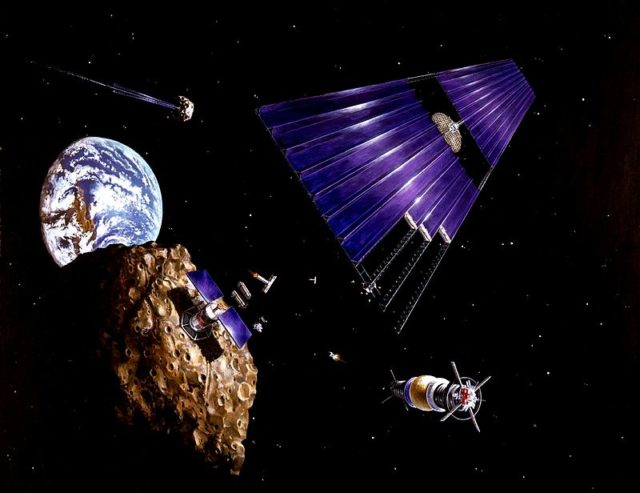 Artist's concept from the 1970s of asteroid mining