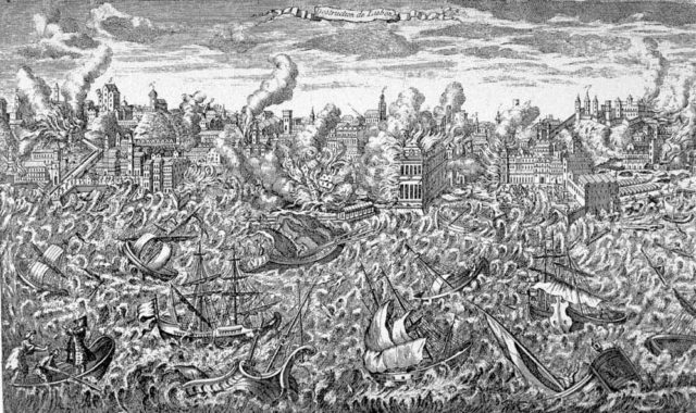 1755 copper engraving showing Lisbon in flames and a tsunami overwhelming the ships in the harbor.