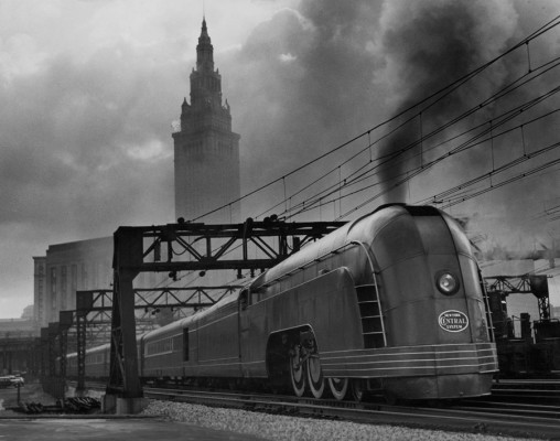 A New York Central Mercury train is dwarfed by Cleveland’s Union Station, November 1936.Photograph by J. Baylor Roberts. Photo Credit