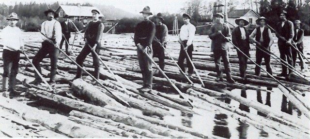 Once wood had been scaled at the camp, it was moved to the river landing to await the thawing of the river. In the spring, logs were driven down the river to the “booms” or mills for sorting. 