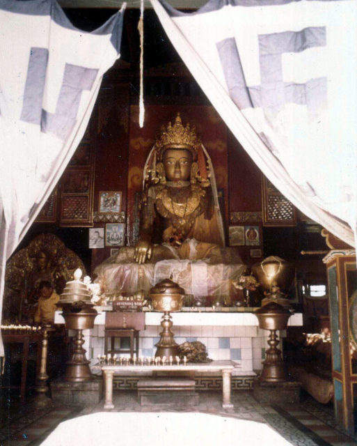 Nepalese Buddhist gompa, Swayambhunath, Kathmandu, showing swastika designs on curtains. 1973 Photo Credit