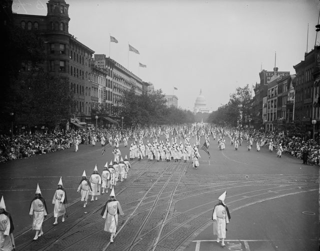 The parade was seen in some quarters as an opportunity for the northern chapters to wrest power from the South. Klan members march down Pennsylvania Avenue.