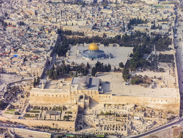 Aerial view of the Temple Mount, with Western Wall at left center Photo Credit
