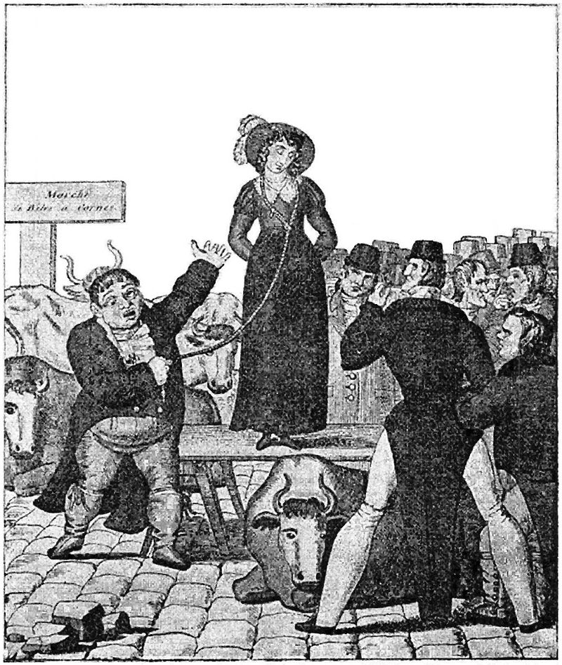 A contemporary French print of an English wife sale.