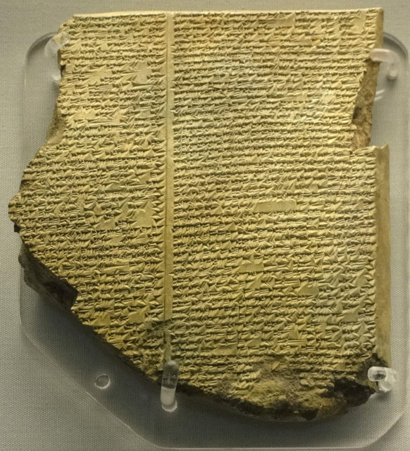 Tablet containing part of the Epic of Gilgamesh (Tablet 11 depicting the Deluge), now part of the holdings of the British Museum. Photo credit
