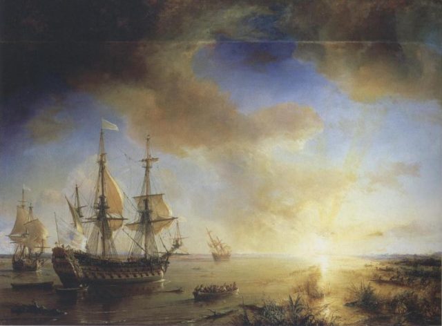 La Salle’s Expedition to Louisiana in 1684, painted in 1844 by Jean Antoine Théodore de Gudin. La Belle is on the left, Le Joly is in the middle, and L’Aimable is grounded on the right.