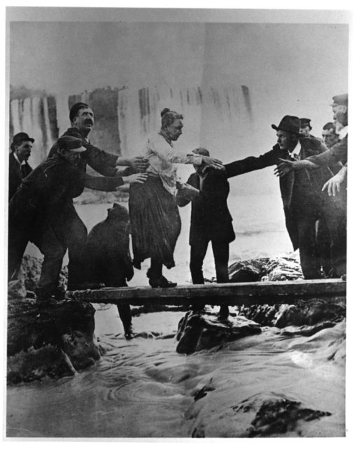 Annie Edson Taylor after her trip over Niagara Falls leaver her barrel. Photo Credit