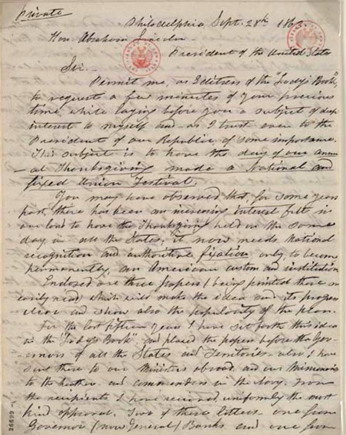 1863 letter from Hale to Lincoln discussing Thanksgiving