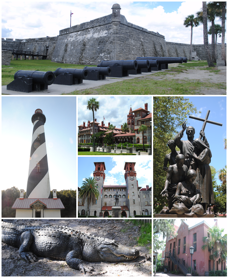 Top, left to right: Castillo de San Marcos, St. Augustine Light, Flagler College, Lightner Museum, statue near the Cathedral Basilica of St. Augustine, St. Augustine Alligator Farm Zoological Park, Old St. Johns County Jail. Photo Credit