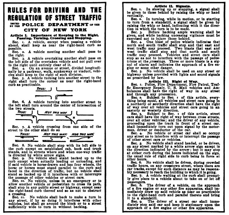 Traffic Regulations first drafted by Eno, as issued by New York City on February 8, 1909