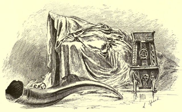 19th century engraving of the Fairy Flag, Sir Rory Mor's Horn, and the Dunvegan Cup