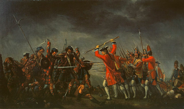 David Morier's An incident in the rebellion of 1745. The eight featured highlanders in the painting wear over twenty different tartans