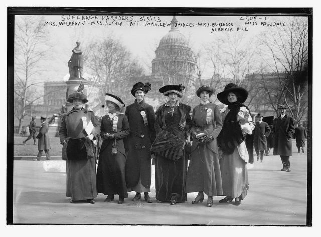 Suffrage marchers Mrs. McLennan, Mrs. Althea Taft, Mrs. Lew Bridges, Mrs. Burleson, Alberta Hill, Miss Ragsdale