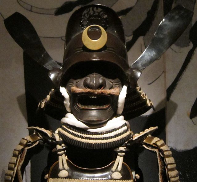 Tosei gusoku armor with white lacing and Chinese magistrate’s cap helmet (head) Photo Credit
