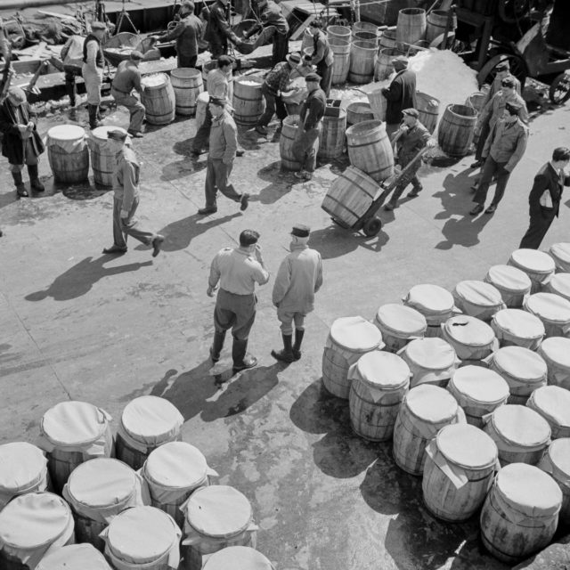  Barrels of fish on the docks at Fulton fish market ready to be shipped to retailers Photo Credit