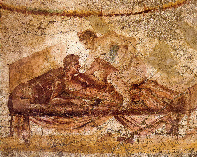 Wall painting from the Lupanar (brothel) of Pompeii, with the woman presumed to be a prostitute wearing a bra