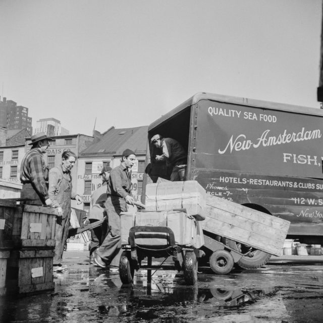 . Barrels of fish on the docks at Fulton fish market ready to be shipped to retailers Photo Credit