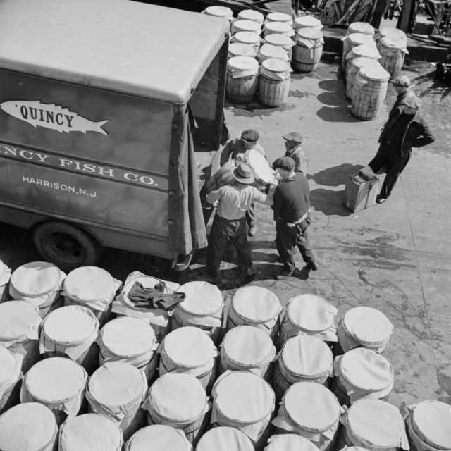 Barrels of fish on the docks at the Fulton fish market ready to be shipped to retailers Photo Credit
