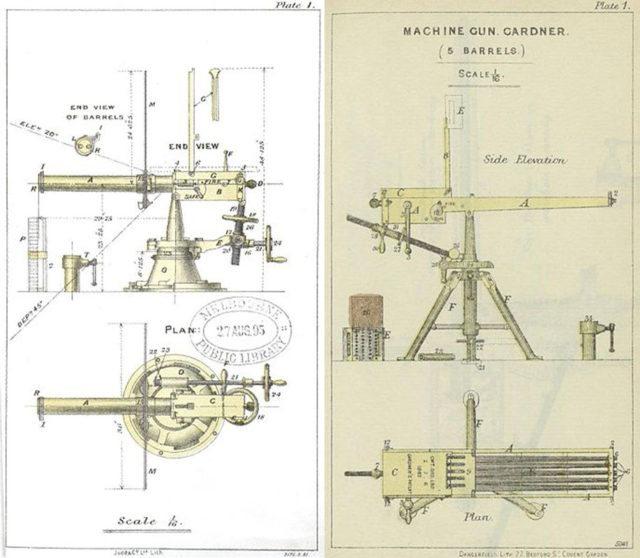 Left-Left elevation and plan diagrams showing 0.45-inch 2-barrel Gardner gun. 1886. Photo Credit Right-Right elevation and plan diagrams showing British version of 5-barrel 0.45-inch Gardner gun. 1884. Photo Credit