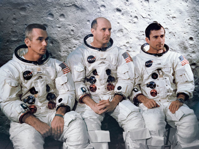 The prime crew of the Apollo 10 lunar orbit mission at the Kennedy Space Center. They are from left to right: Lunar Module pilot, Eugene A. Cernan, Commander, Thomas P. Stafford, and Command Module pilot John W. Young.