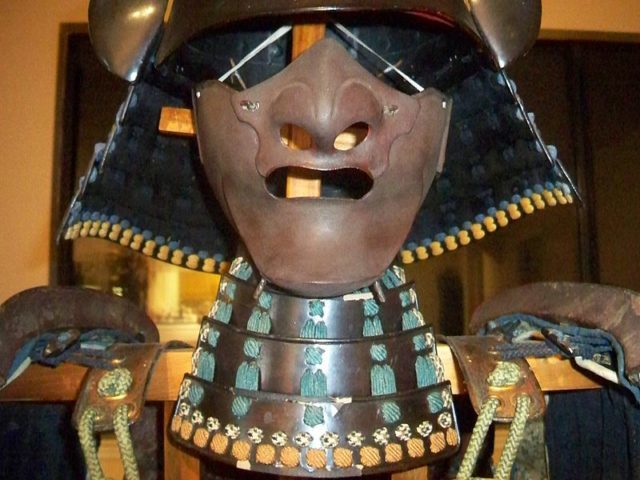 Japanese (samurai) iron mask menpo with an iron plate throat guard yodare-kake Photo Credit