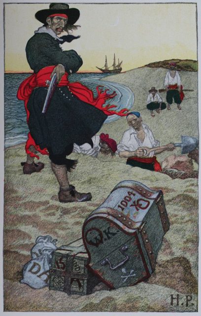 Howard Pyle's fanciful painting of Kidd burying treasure