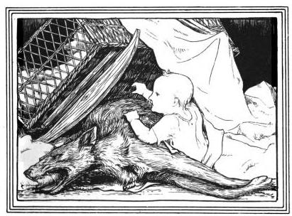 Gelert and the Baby. Illustration by John D. Batten for Celtic Fairy Tales Joseph Jacob (1892).