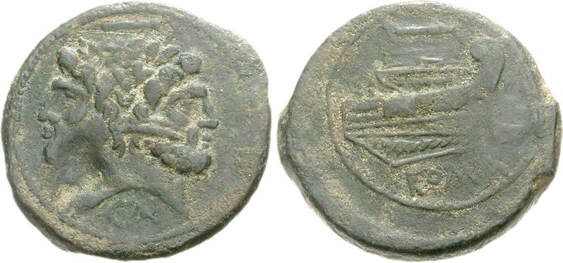 A bronze as from Canusium depicting a laureate Janus with the prow of a ship on the reverse. Photo Credit