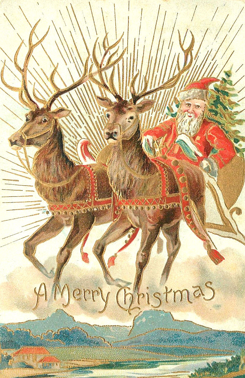 A 1907 Christmas card with Santa and some of his reindeer