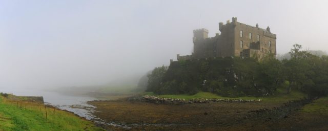 Dunvegan Castle on the Isle of Skye in the mist. Photo credit