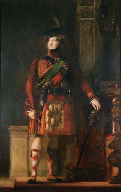 Wilkie's idealised depiction of George IV, in full Highland dress, during the visit to Scotland in 1822