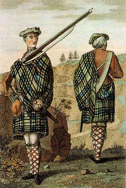 Soldiers from a Highland Regiment circa 1744. The private (on the left) is wearing a belted plaid