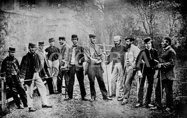 Golfers at Leith Links in 1867 (left to right) Andrew Strath, Davie Park, Bob Kirk, Jamie Anderson, Jamie Dunn, Willie Dow, Willie Dunn, Sr., A. Greig, Old Tom Morris, Young Tom Morris, and George Morris