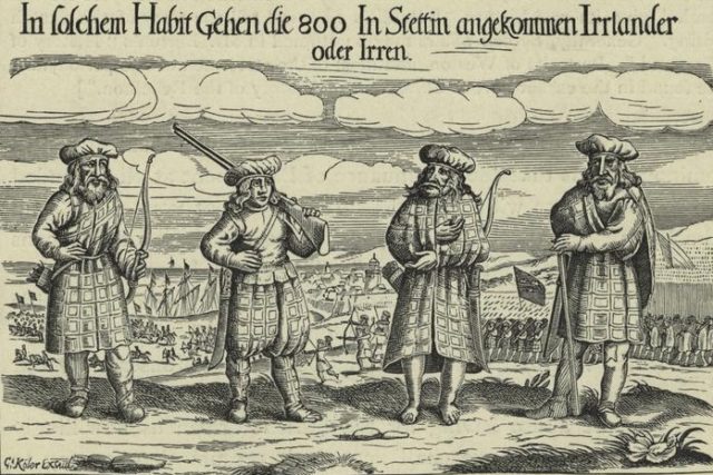 The earliest image of Scottish soldiers wearing tartan, from a woodcut c.1631