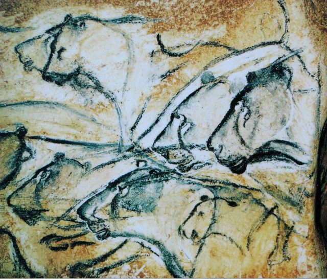 Replica of the cave lions in the Chauvet Cave, France