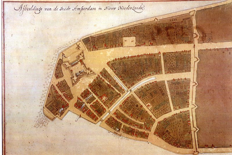 The original city map of New Amsterdam called Castello Plan from 1660 (the bottom left corner is approximately south, while the top right corner is approximately north)