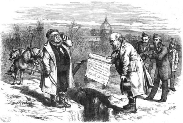 Jay Gould appears at the bottom right in this vignette of Thomas Nast published in Harper’s Weekly on February 10, 1872