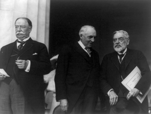 Photograph of William Howard Taft, Warren G. Harding, and Robert Lincoln left to right, at the Lincoln Memorial, 1922