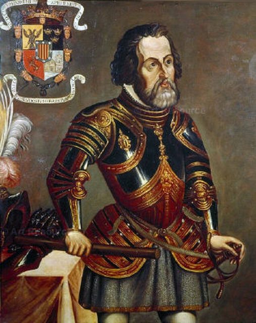 Hernán Cortés, with his coat of arms on the upper left corner. Painting reproduced in the book America, (R. Cronau nineteenth century).